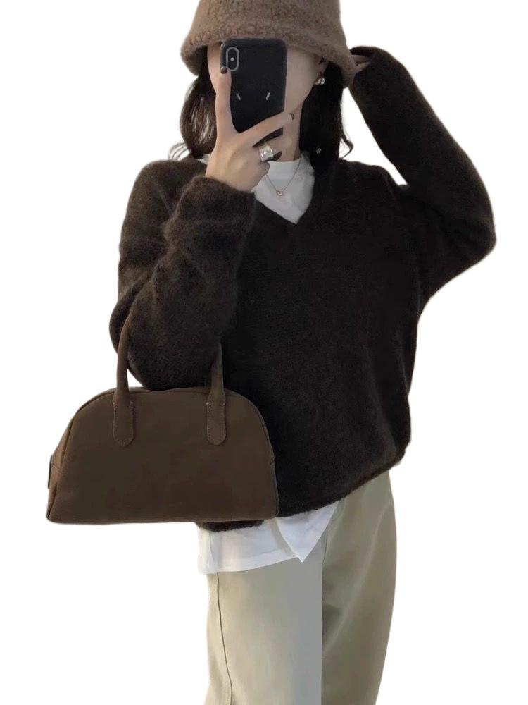 Women's V-Neck Knitted Sweater - Early Autumn, Versatile, Loose Fit, Solid Color