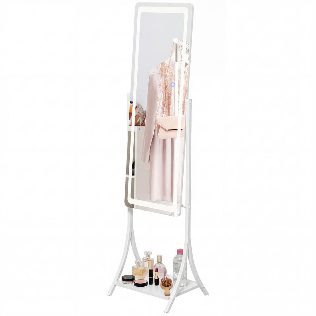 Free Standing Dressing Mirror with LED Lights, Full Length Mirror with 3 Temperature Colours and Storage Shelf
