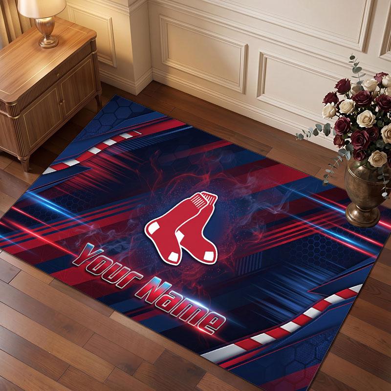 Boston Red Sox Personalized Crystal Velvet Carpet, Customized Name Text Soft Anti‑Slip Rug for Living Room Bedroom