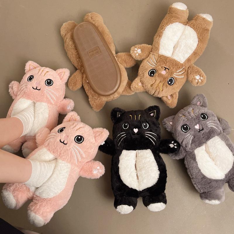 Funny Cat Doll Cotton Shoes Women Winter One Pedal Lazy Bread Shoes Comfortable Cute Floor Slippers
