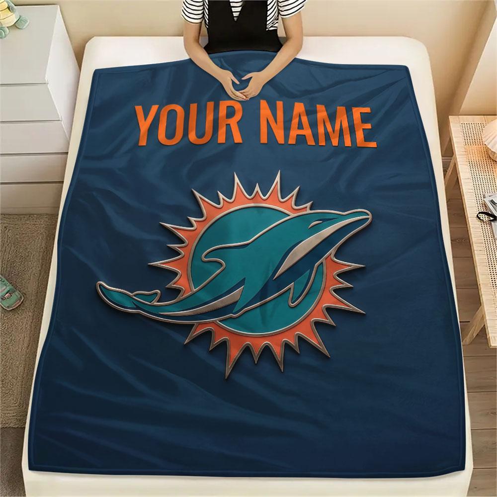 Custom Name,Miami Dolphins Printed Flannel Blanket, Soft Throw for Bedroom Sofa, Washable, Christmas Present, Great Gift.