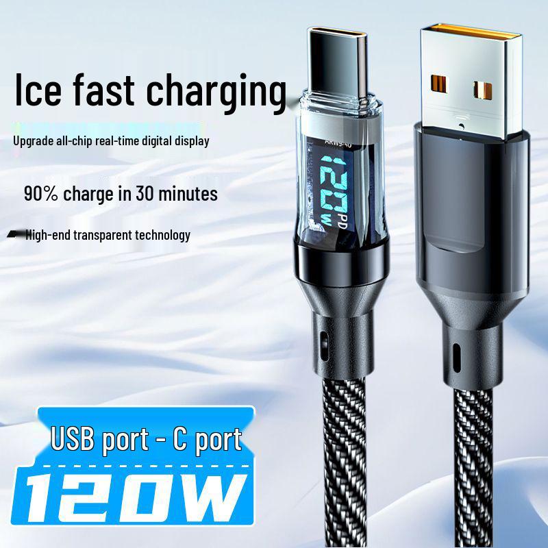 120W Fast Charging Dual Type-C Data Cable with Smart Display for Apple & Huawei Laptops