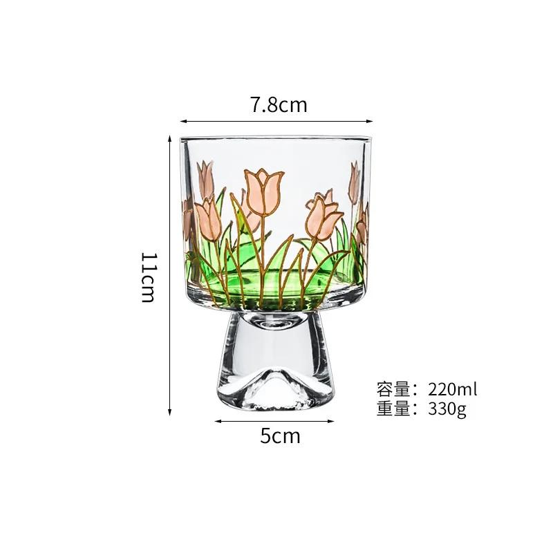 Křišťálový skleněný hrnek s rukojetí, trojrozměrně malovaný hrnek na červené a bílé víno, kreativní sklenice na kávu s motivem sněhové hory a tulipánu
