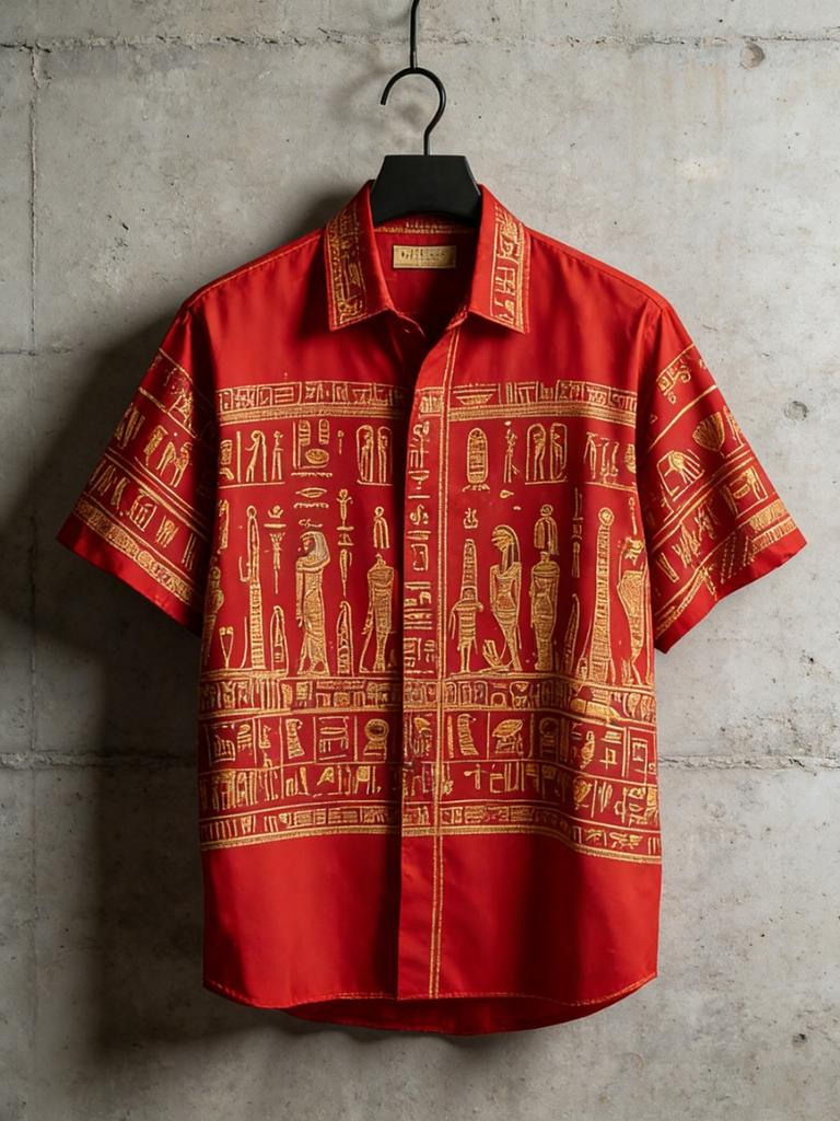 Vintage Egyptian Style Short Sleeved Floral Shirt Men's Loose Fitting Shirt Summer Lightweight Top