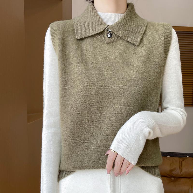 Cashmere Button-Up Sleeveless Sweater Vest with Polo Collar