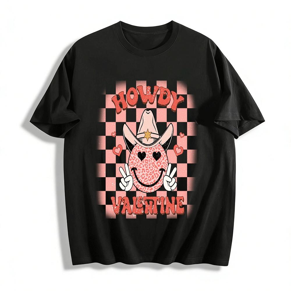 Howdy Valentine Retro Cowboy Smiley Face Graphic Tee Pure cotton T-shirt XXS