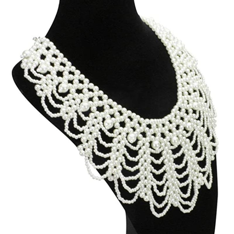 Handmade Layered Pearls Choker Necklace Luxurious Body Chain Shoulder Shawl Collar for Women Body Jewelry Accessory