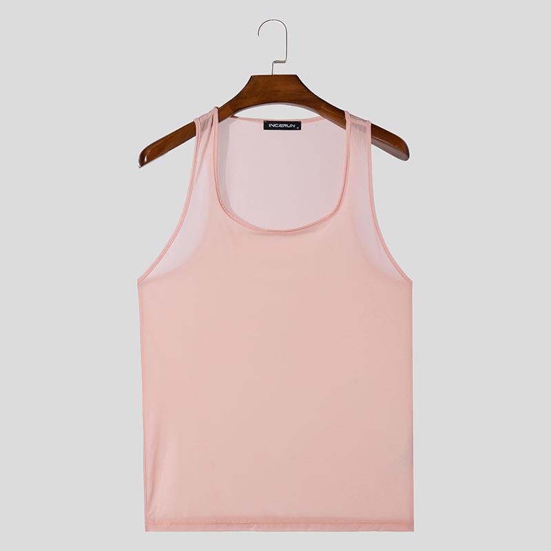 INCERUN Summer Men Sleeveless Semi-Sheer Stretch Skinny Tank Tops Gym Underwear