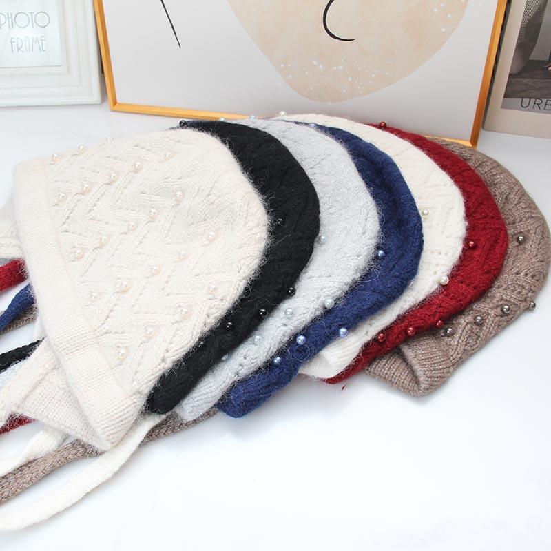 Pearl lace-up ear protector wool hat women's autumn and winter soft waxy rabbit hair knitted hat pearl twist bag head thermal hat