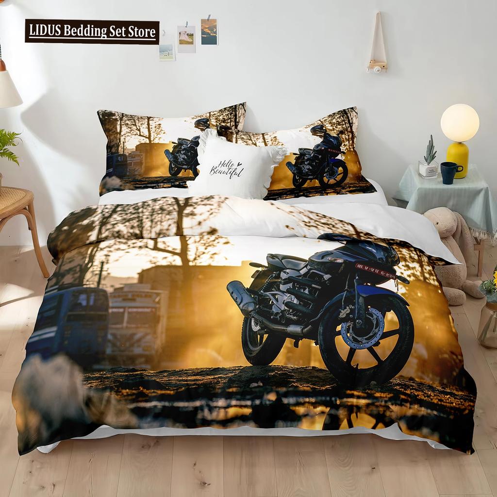 Dirt Bike Duvet Cover Set 3D Racing Motocross Bedding Set For Teen Motorcycle Rider Extreme Sports Polyester Comforter Cover