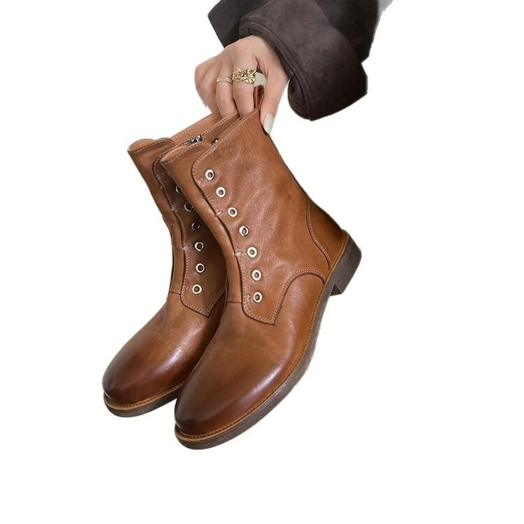 Haute Couture~ 2025 Autumn and Winter Round Head Side Zipper Medium Boots Brown First Layer Cowhide Genuine Leather Martin Boots Secret