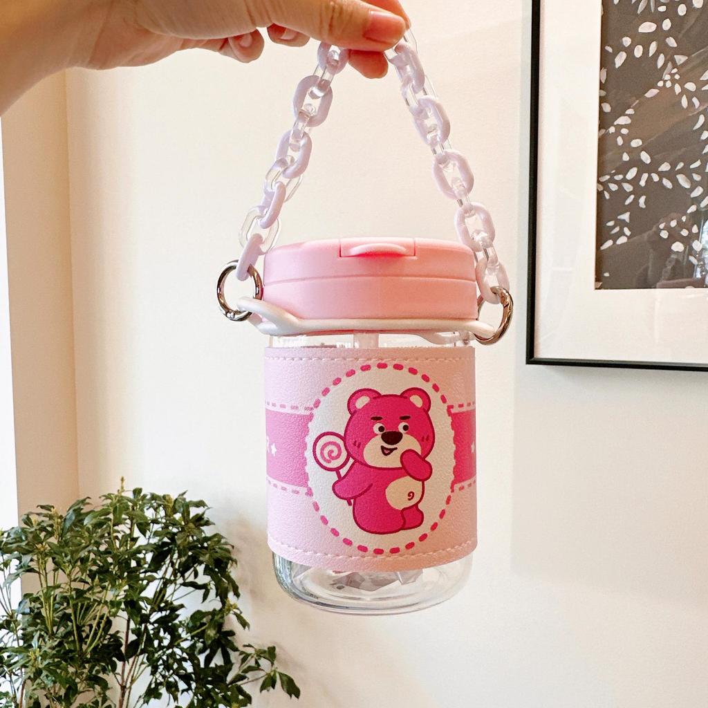 Adorable Bear Pink Straw Cup with Leather Case & Anti-Scalding Design - Portable Bracelet-Style Water Cup for Girls