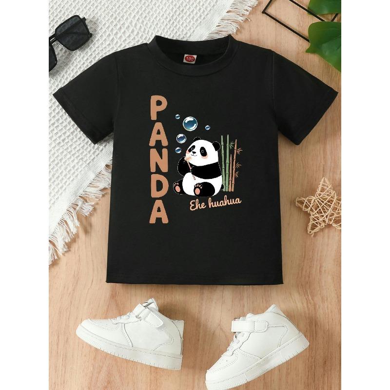 European sizes [Panda Print Girls  T-Shirt] Cute Cartoon Panda Print - Casual Comfortable Round Neck Short-Sleeved T-Shirt for Girls 98cm чёрный