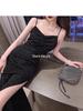 2024 Summer Korean Hepburn Black Sequin Slit Midi Slim Fit Suspender Dress