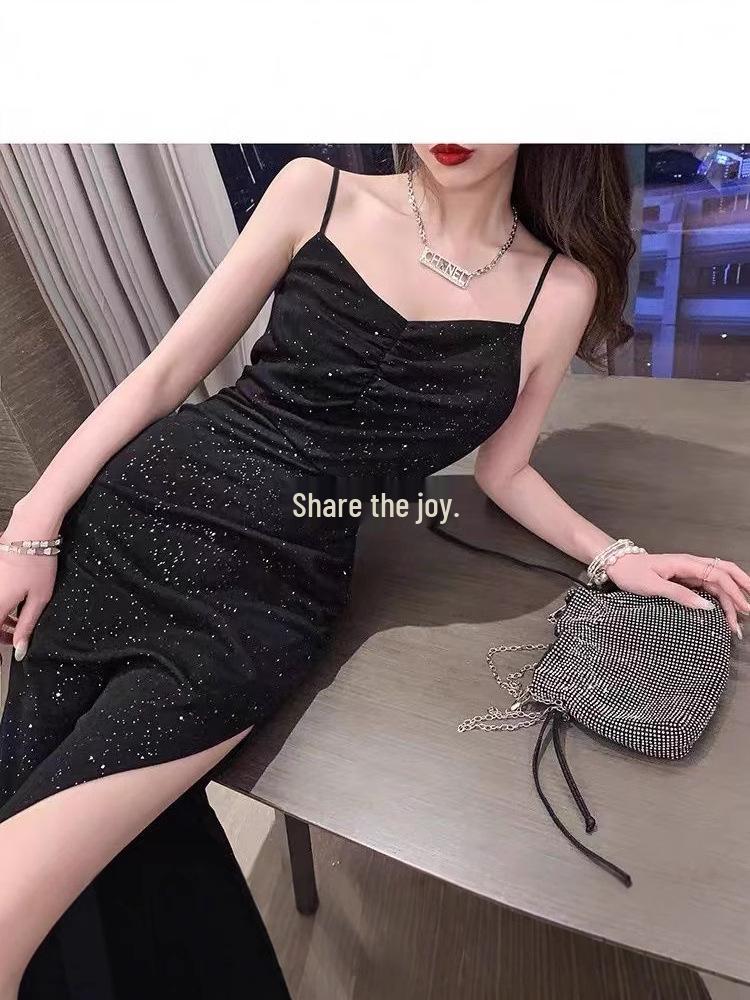 2024 Summer Korean Hepburn Black Sequin Slit Midi Slim Fit Suspender Dress