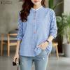 Women Splice Round Neck Casual Long Sleeve Plaid Print Blouse
