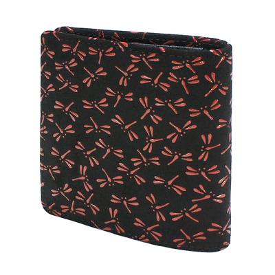Inden Wallet Bifold Wallet Bill Z Fino Compacto Pele de Veado Preto x Vermelho Lacado Padrão Libélula 2013-21-008
