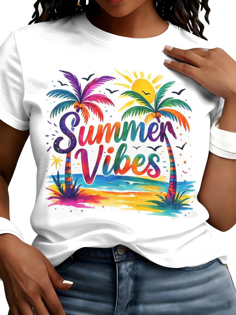 Summer Vibes Summer Beach Print T-Shirt Dopamine Vacation Style Short Sleeve Top