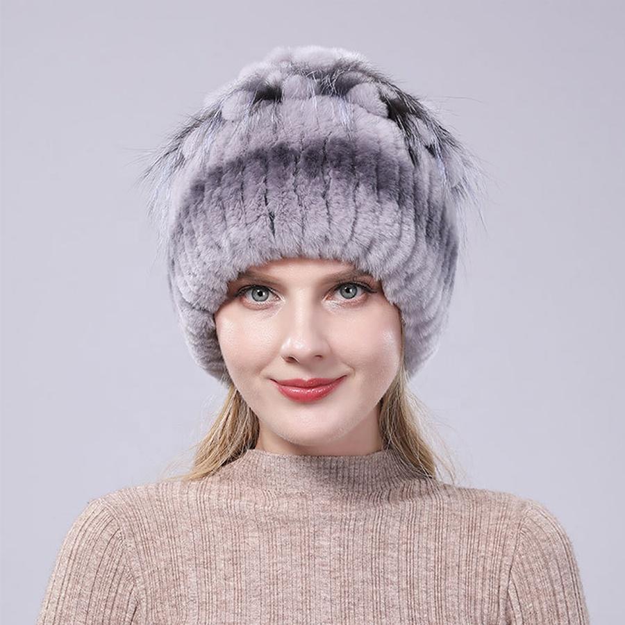 Winter Premium Rabbit Fur Beanie Hats Genuine Rabbit Fur Caps Women Winter Fur Rex Rabbit Knitted Hats Warm Beanie Caps