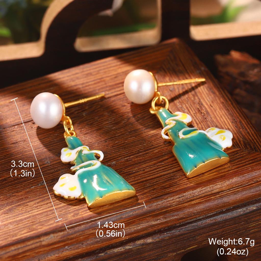 Antique new Chinese style flower fringed pearl earrings Hanfu accessories earrings imitation Hetian jade green agate temperament ear hook