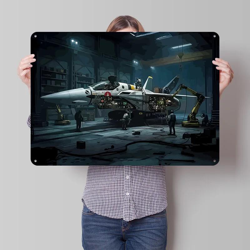 Macross Aircraft Maintenance in Hangar D Texture Printed Poster Custom Vintage Metal Tin Plate Sign for Wall Art Decor Luxury