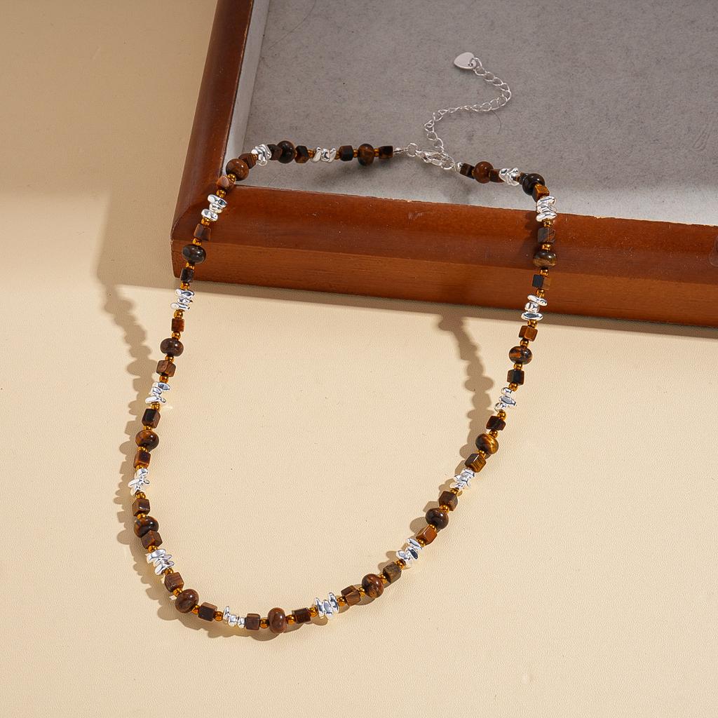 Tiger's Eye Beaded Geometric Round Flower Adjustable Necklace Ethnic Style Item Decoration