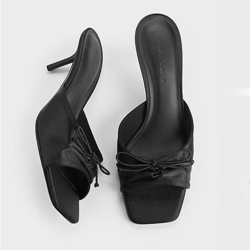 Bow High Heels Women Slippers Square Toe Sandals Shoes 2025 Summer New Designer Shoes Dress Slides Beach Open Toe Mujer Pumps