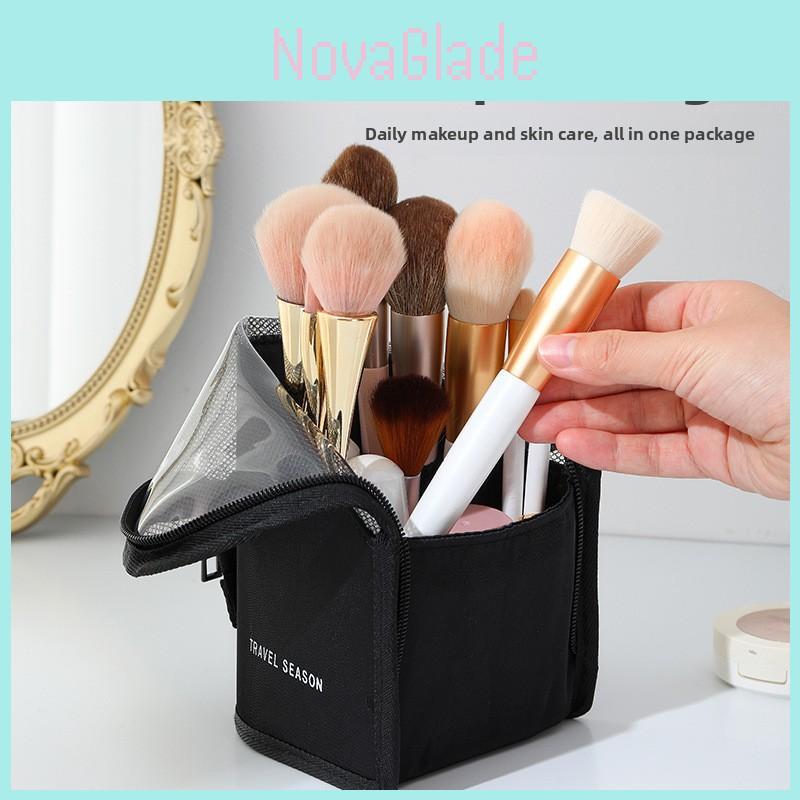 Portable Cosmetic Storage Bag With Mesh Panel For Travel And Desk Organization