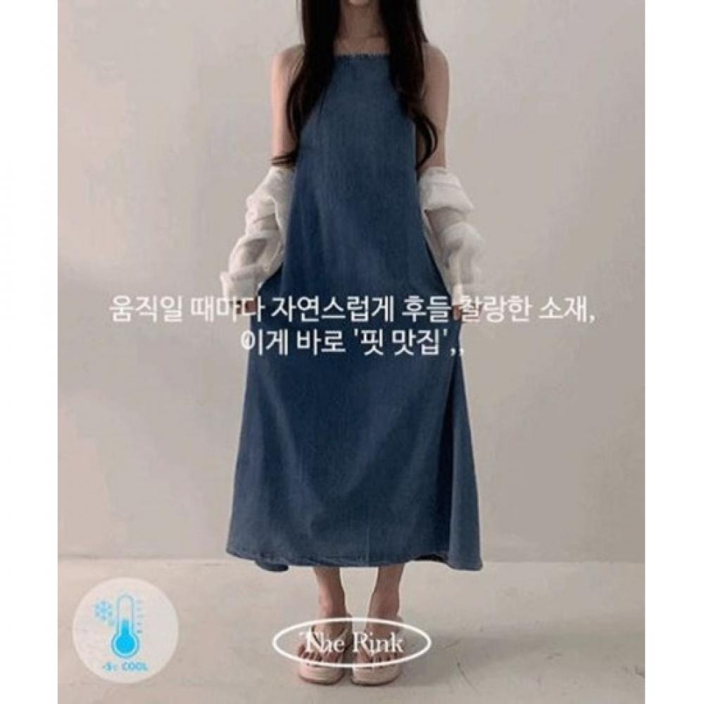 The Pink Women A Line bAnded Denim Sleeveless Long Dress