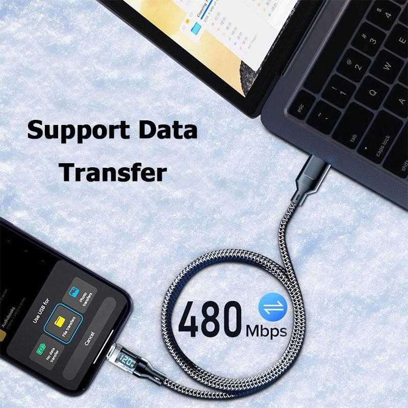 Fast Charging Cable 120W USB to Type C Cable LED Display 100W Type C To Type C Nylon Braided Data Cord for Samsung Xiaomi Huawei