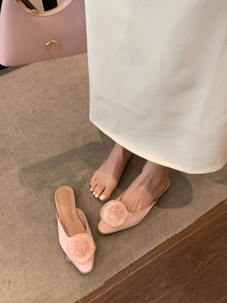 Women'S Shoes Square Toe French Style Flower Closed Toe Sandals Thin Heelfairy Evening Closed Toe Low Heel Slippers