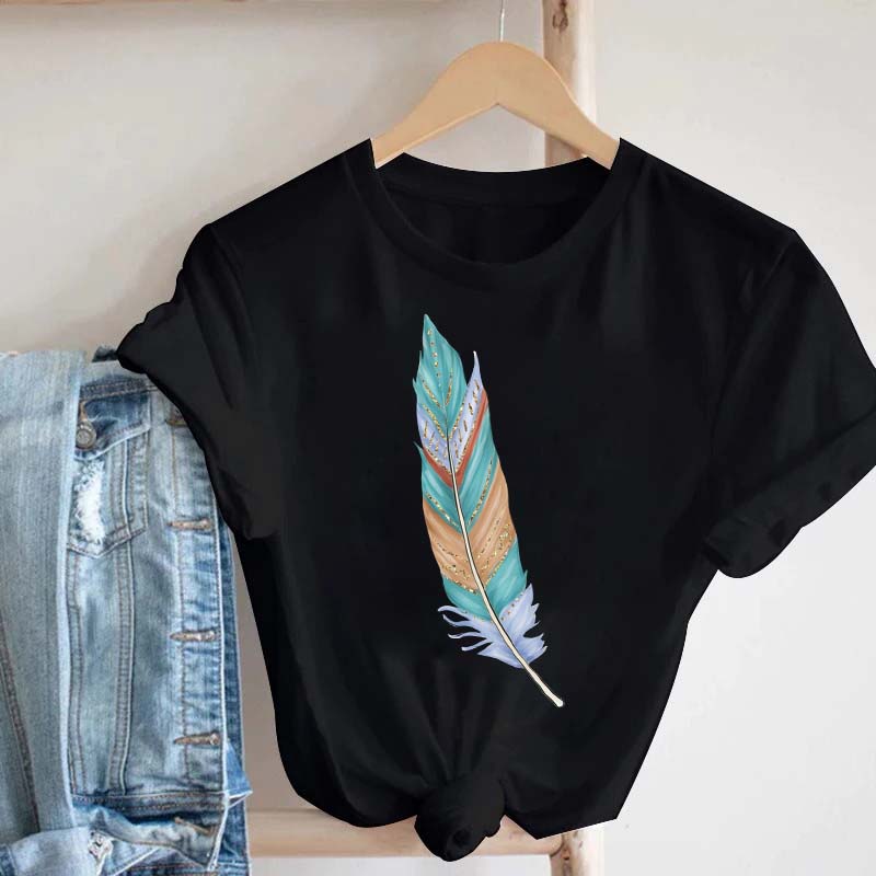 Women's T-shirt Watercolor Feather Graphic Printed T Shirt Women Short Sleeve Tshirt 90s Streetwear Female Clothes Tops