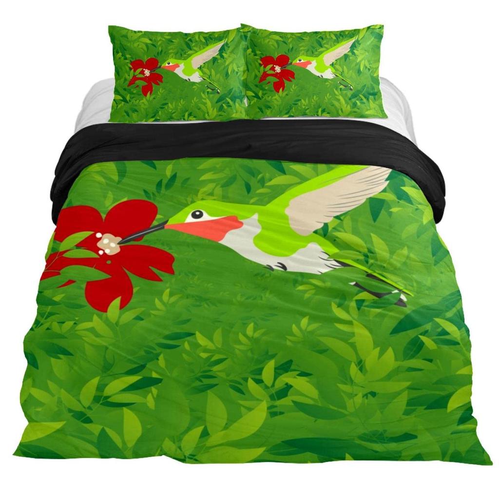 Kolibrier Påslakanset Tropiska Blommor Natur Blommor Sängklädesset Tropiska Fåglar Tema Queen Size 2/3 Delar Täcke