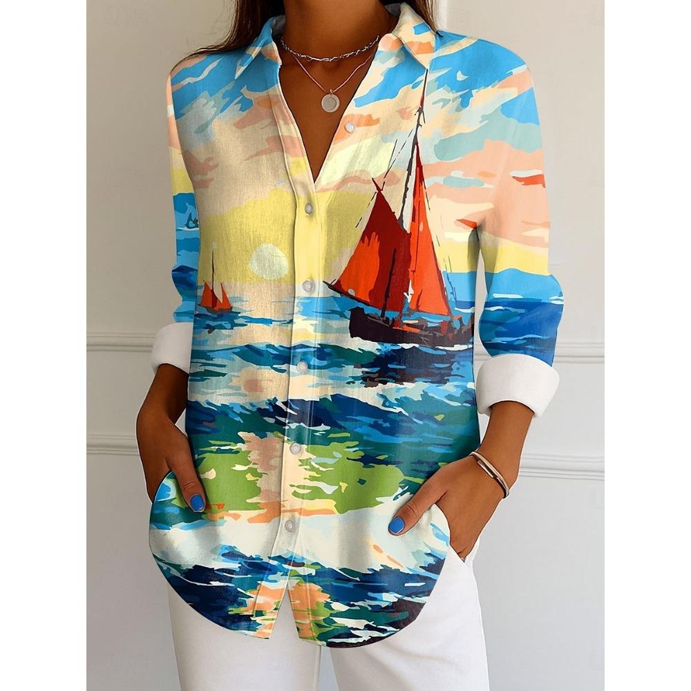 Damenhemd Ombre Grafik Elegant Vintage Tropisch Langarm Hemdkragen Reguläre Oberteile Arbeit Knöpfe Druck Sommer Frühling