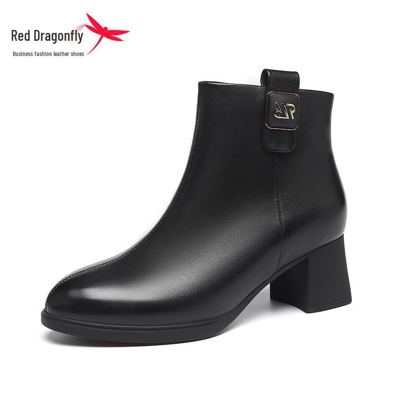 Red Dragonfly Women's High Heel Leather Boots - Autumn/Winter 2024 Stylish Slimming, Plush Lined Short Boots