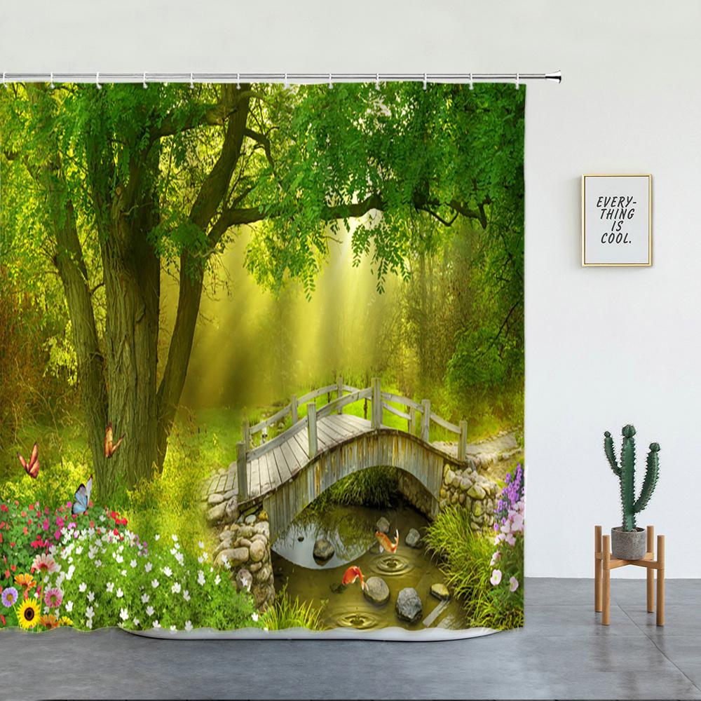 Forest Waterfall Landscape Shower Curtains Tropical Rainforest Green Bamboo Mountain Printed Fabric Luxury Bathroom Decor Hooks