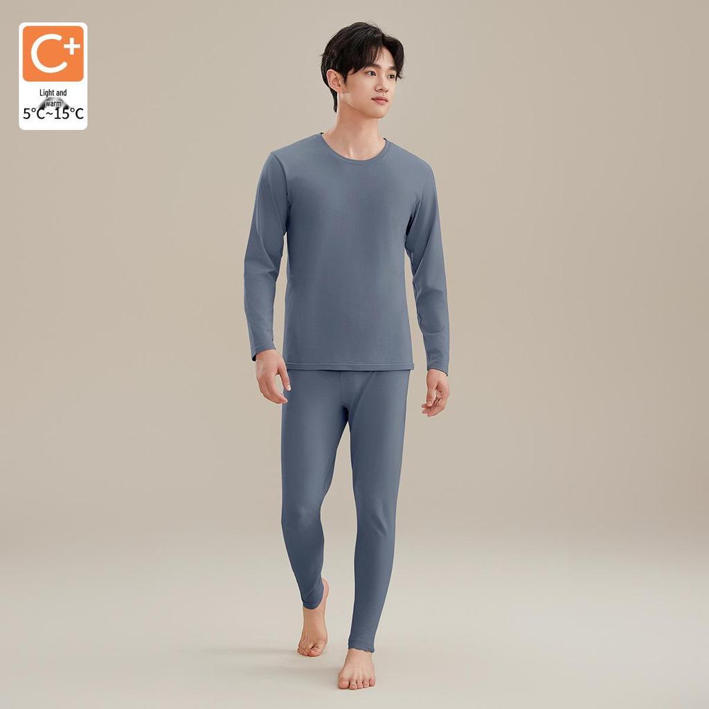 Men's Brushed Thermal Cotton Modal Crew Neck Underwear Set - Winter Thin Warm Set