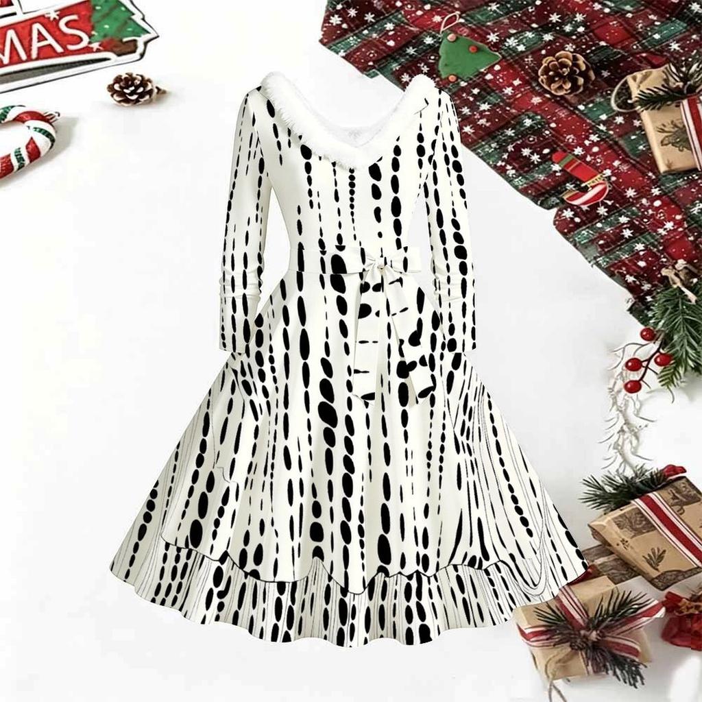 Women Geometric Pattern Print Midi Dress, Long Sleeve V‑Neck Furry Trim A‑Line Party Dress, Christmas Limited Edition