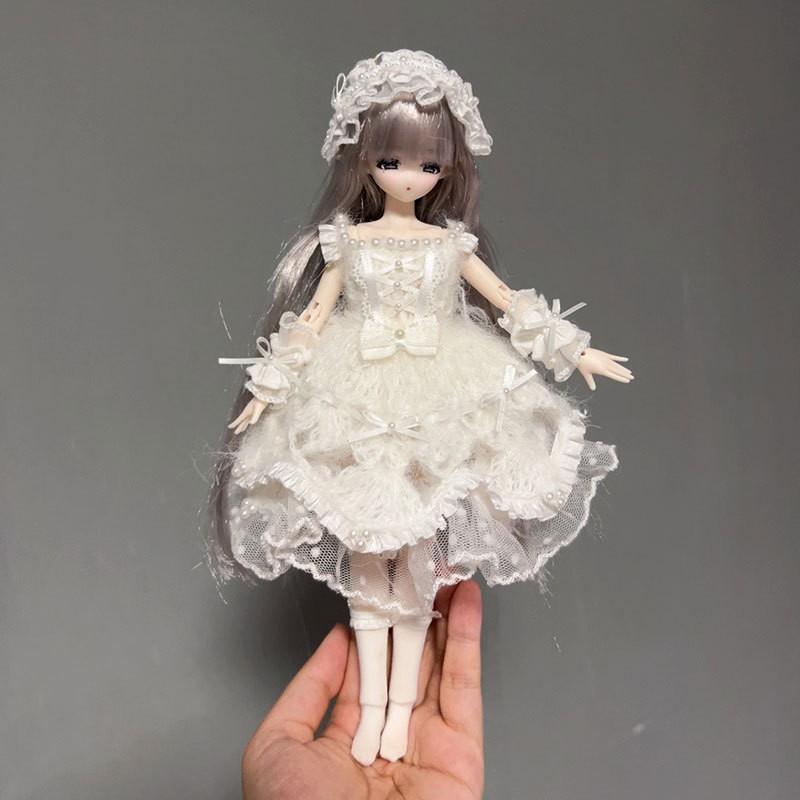 6-inch BJD Doll Outfit White Wedding Dress Set With Veil Sleeves Headband Azone OB22
