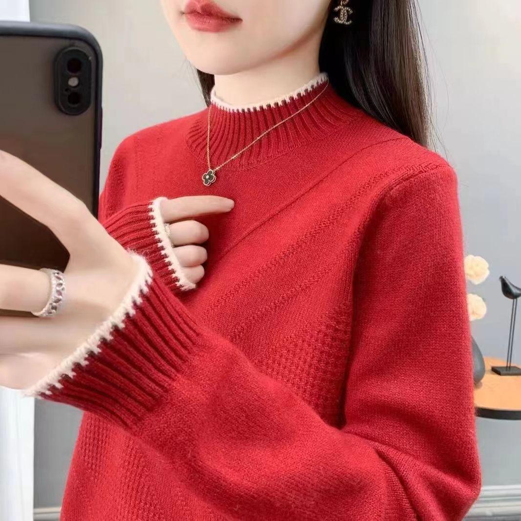 

Половина Высокий ворот Цвет Блок Свитер Вязаный свитер Новый Осенний и зимний топ Стильная верхняя одежда Свободная верхняя одежда 3XL красный