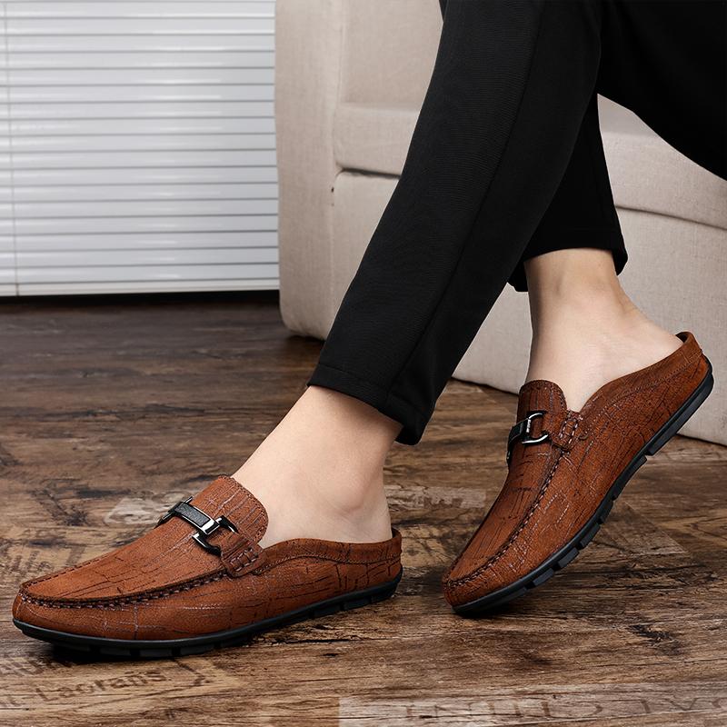 Fashion Summer Half Slippers Fashion Driving Shoes Men Shoes Genuine Leather Formal Loafers Slip on Shoes Metal Half Drag Cowhide Shoes