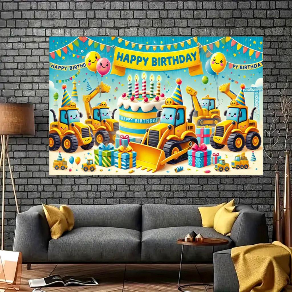 Sfondo per festa di compleanno a tema architettonico, banner resistente, sfondo escavatore