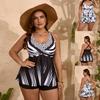 Übergröße Damen Tankini Konservativ Verdrehte Front Gekreuzter Rücken Hohe Taille Bauchkontrolle Gestreift Floral Boy Short Badeanzug
