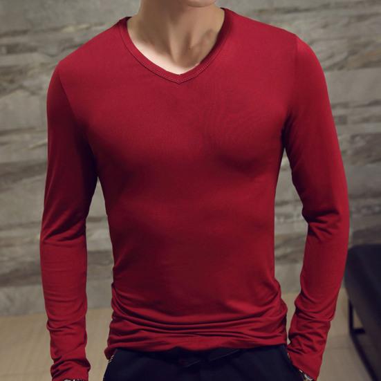 Men Shirt Solid Color Pullover Casual V Neck Long Sleeve Slim Autumn Base Shirt for Daily Wear