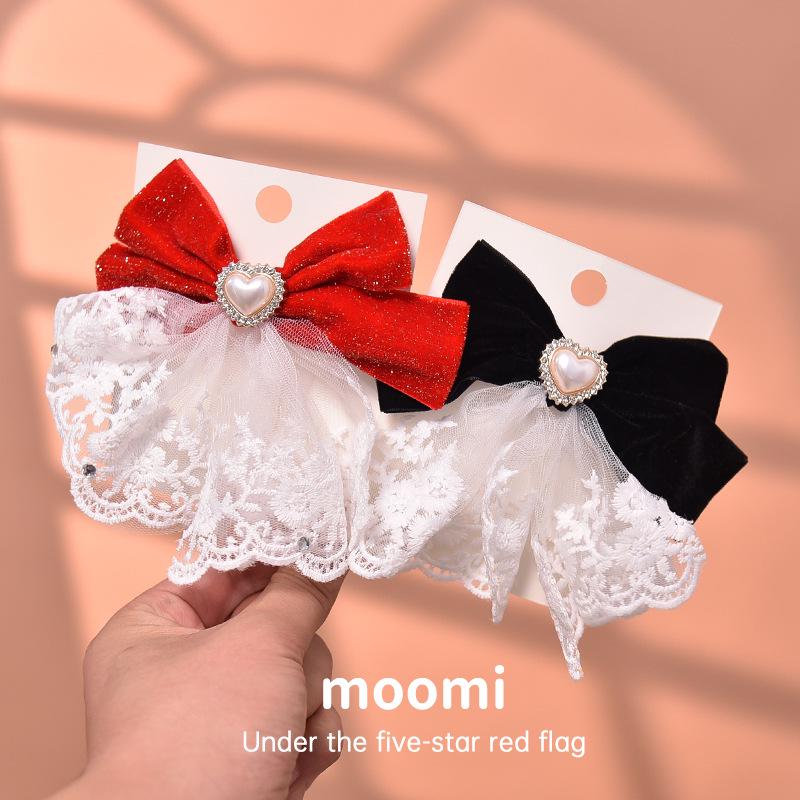 New Year Red Velvet Bow Hair Clips for Girls - Heart Design