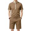 Men's 2-Piece Casual Outfit Henley Neck Short Sleeve T-Shirt Elastic Waist Shorts Set Summer Breathable Textured Tracksuit