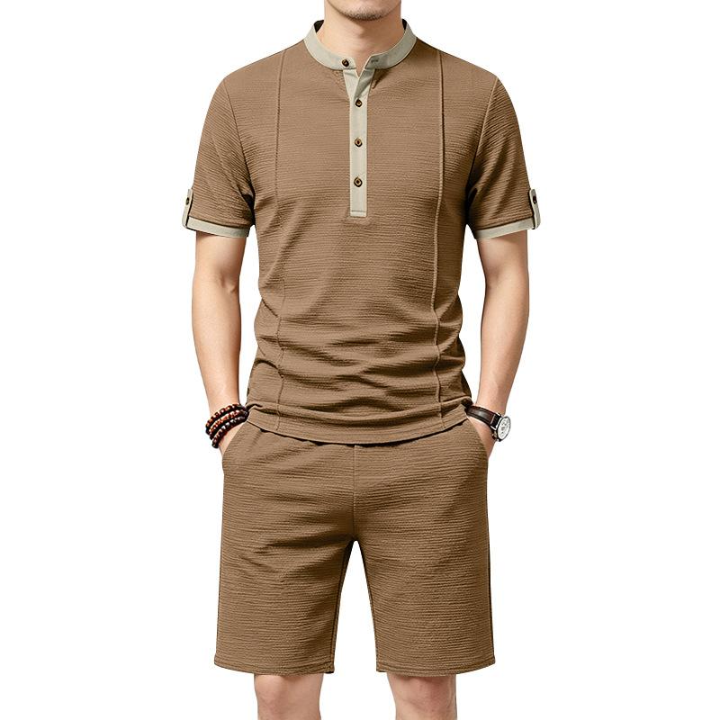 Men's 2-Piece Casual Outfit Henley Neck Short Sleeve T-Shirt Elastic Waist Shorts Set Summer Breathable Textured Tracksuit