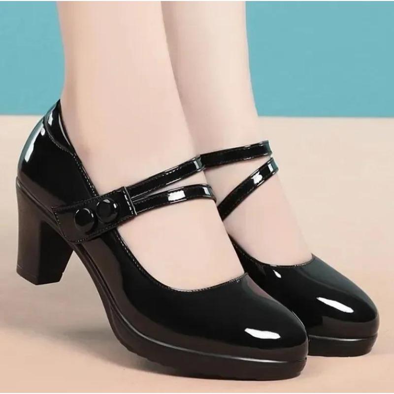 Zapatos De Mujer Women Cute Comfort Buckle Strap Black Patent Leather Height Increased Shoes Lady Cool Wine Red Heel Shoes