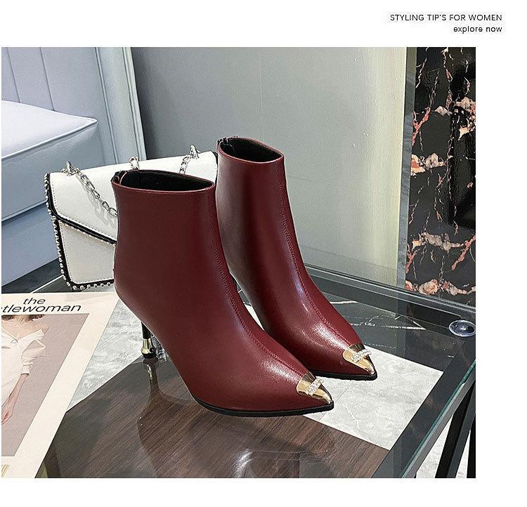 Cowhide 2025 Winter New Short Boots Women's Anti-kick Internet Celebrity High-heeled Fashion Boots Thin Heel Pointed Rhinestone Martin Boots