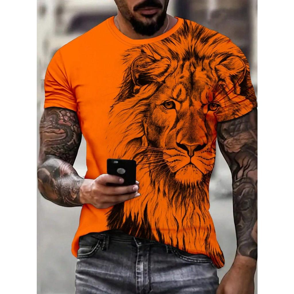 Summer Round Neck 3D Lion Pattern Print Top Fashionable Casual Short Sleeved Men's T-shirts